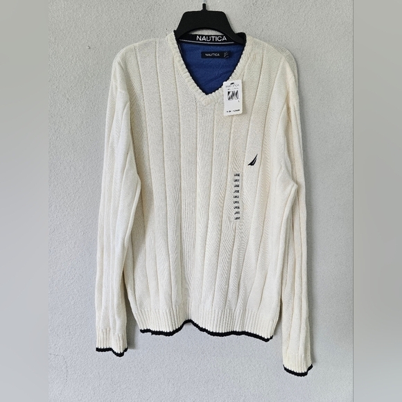 NAUTICA Sweater Mens Sz L Tan V-Neck Chunky Knit Granpa Core Eclectic New - Picture 4 of 7